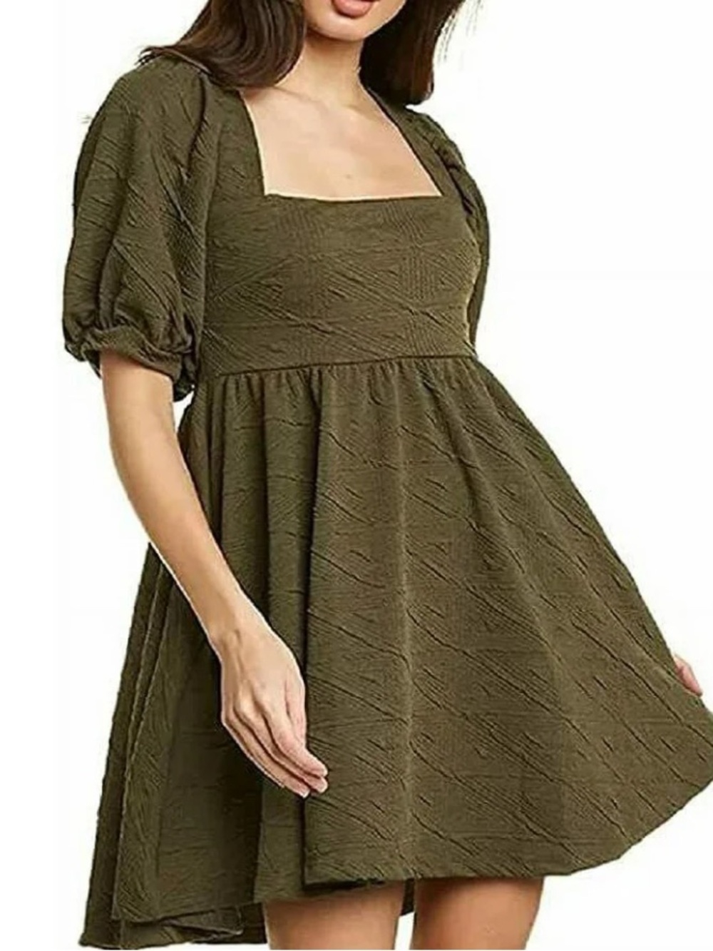 FREE PEOPLE Square Neck Olive Green Puff Sleeve Mini Dress